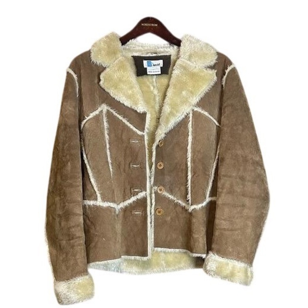 Y2K Suede shearling vintage jacket size large brown collar heavy